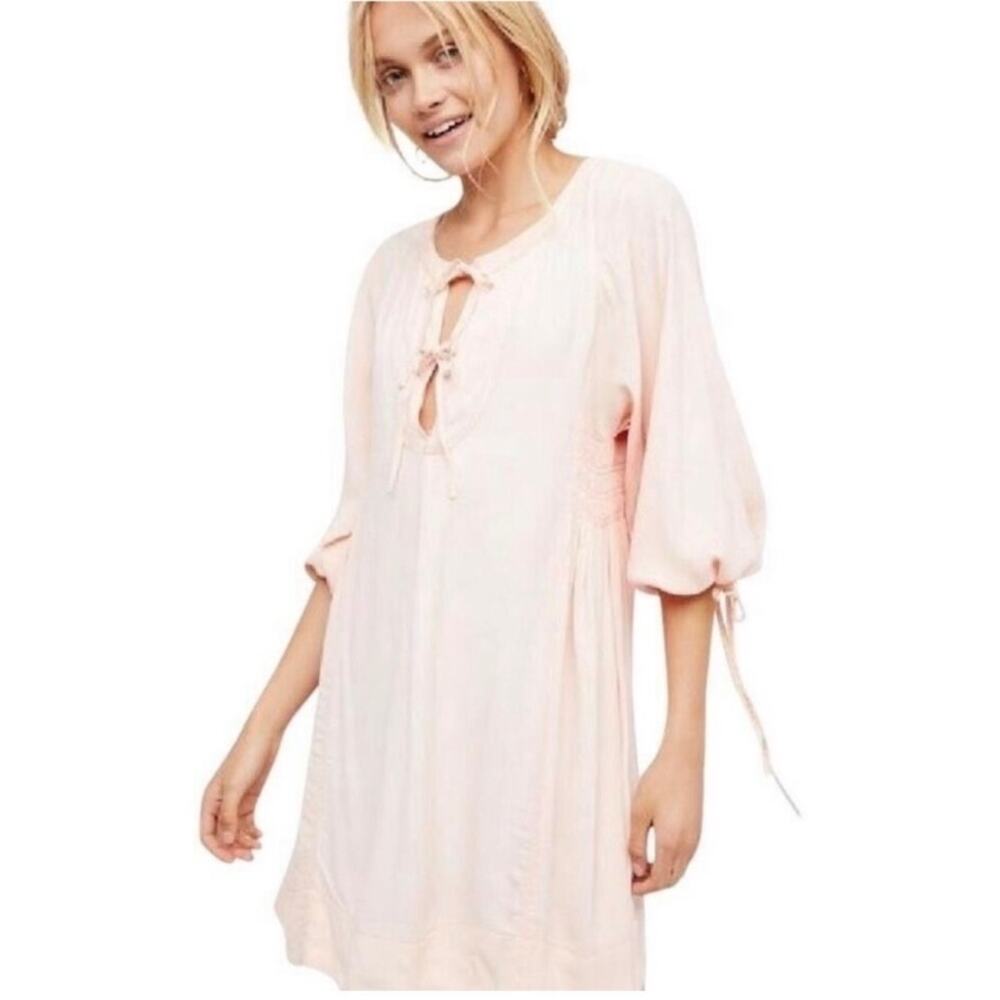 Free People Nomad Pink Tie Front Tunic Mini Dress XS Long Sleeve Boho